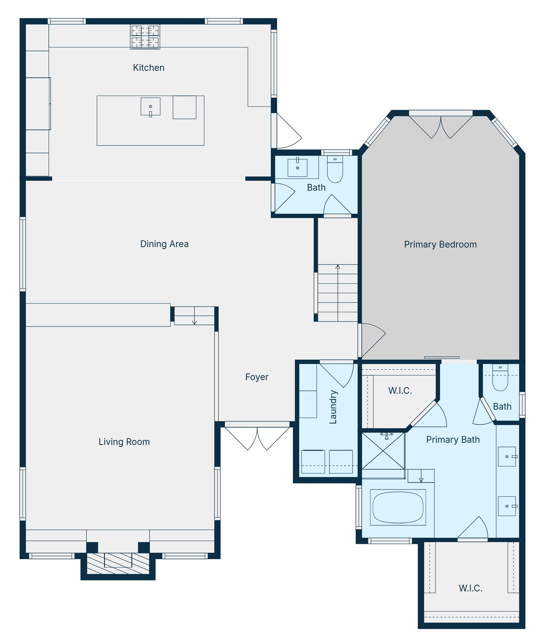 First floor plan: primary bedroom, primary bath, kitchen, dining, living, half bath, garage.