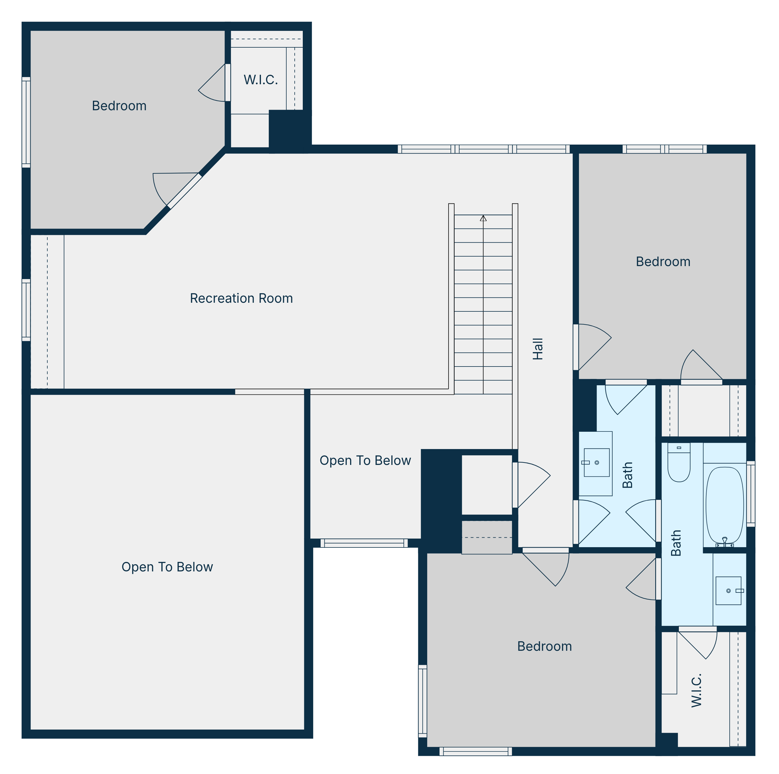 Second floor plan: game room, office, three secondary bedrooms, full bath.