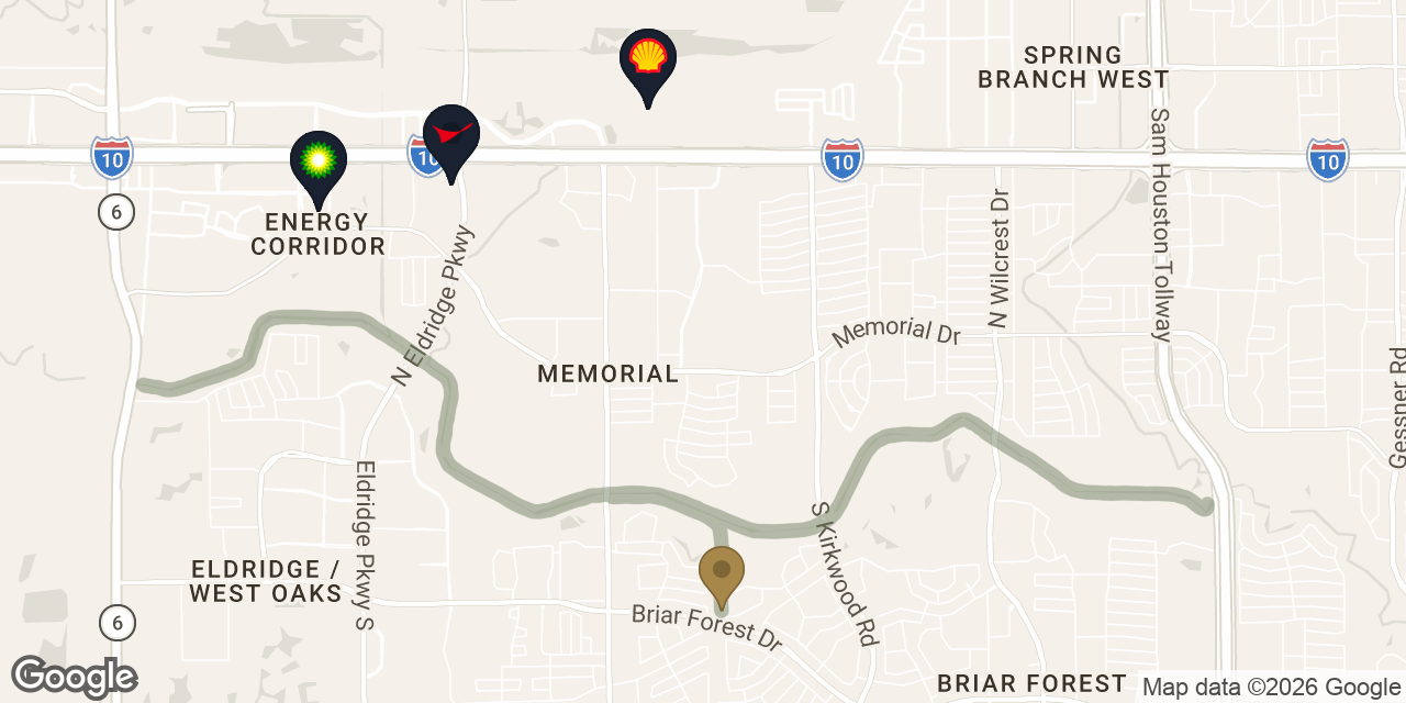 Map of Heathlake showing 1406 Crystal Hills Drive, the Terry Hershey trail extending east from the back gate through the Robin Loop, and the major Energy Corridor employers — Shell Woodcreek, BP America, and ConocoPhillips Center — all within a 2-3 mile radius.